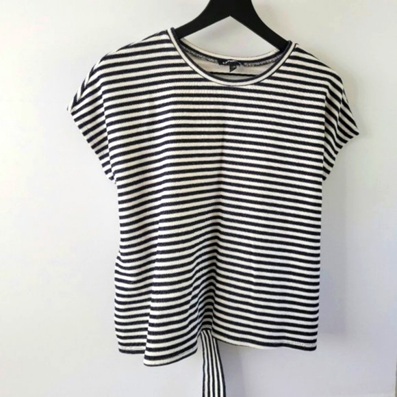 Express Waist Tie Striped Cap Short Sleeves Crew Neck Women's Blouse Size M - Picture 5 of 6